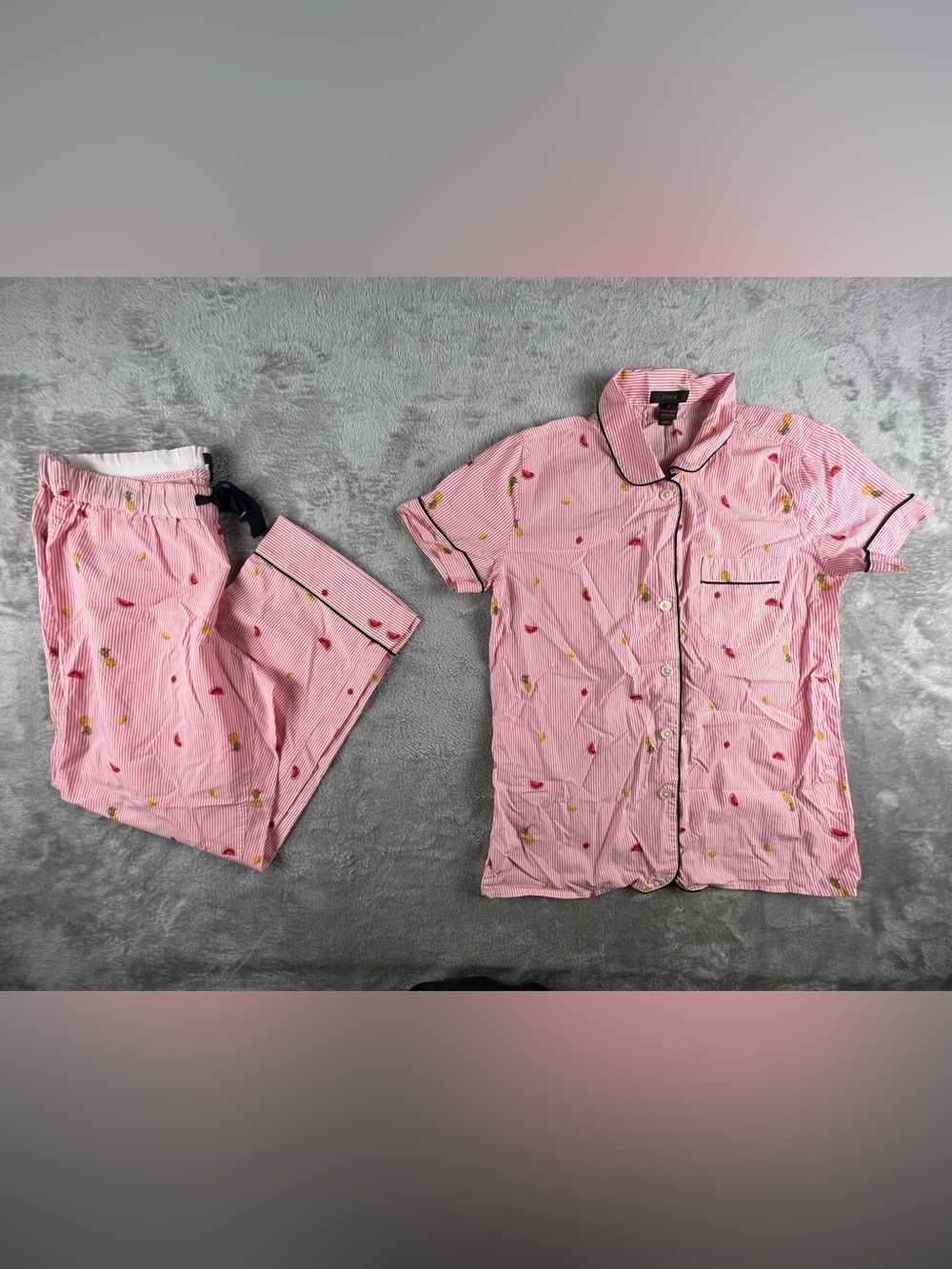 J Crew Pajama PJ Set Short Sleeve Shirt Pants Womens S Cotton Pink Stripe Fruit